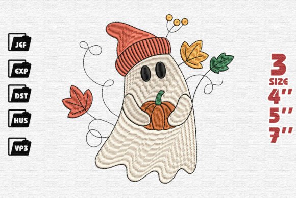 Autumn Ghost Holding Pumpkin Embroidery