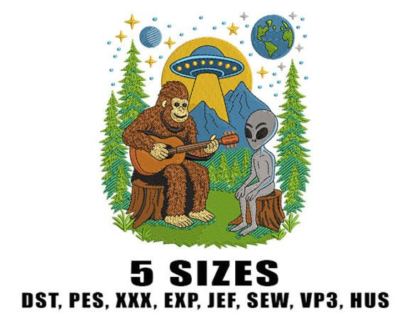 Sasquatch Alien Campfire Embroidery Design